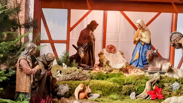 Weihnachtskrippe in der Kirche St. Albert in Stuttgart-Zuffenhausen: Ein anrhrendes Bild - doch am geschichtlichen Hintergrund der Weihnachtsgeschichte werden systematisch Zweifel gest.